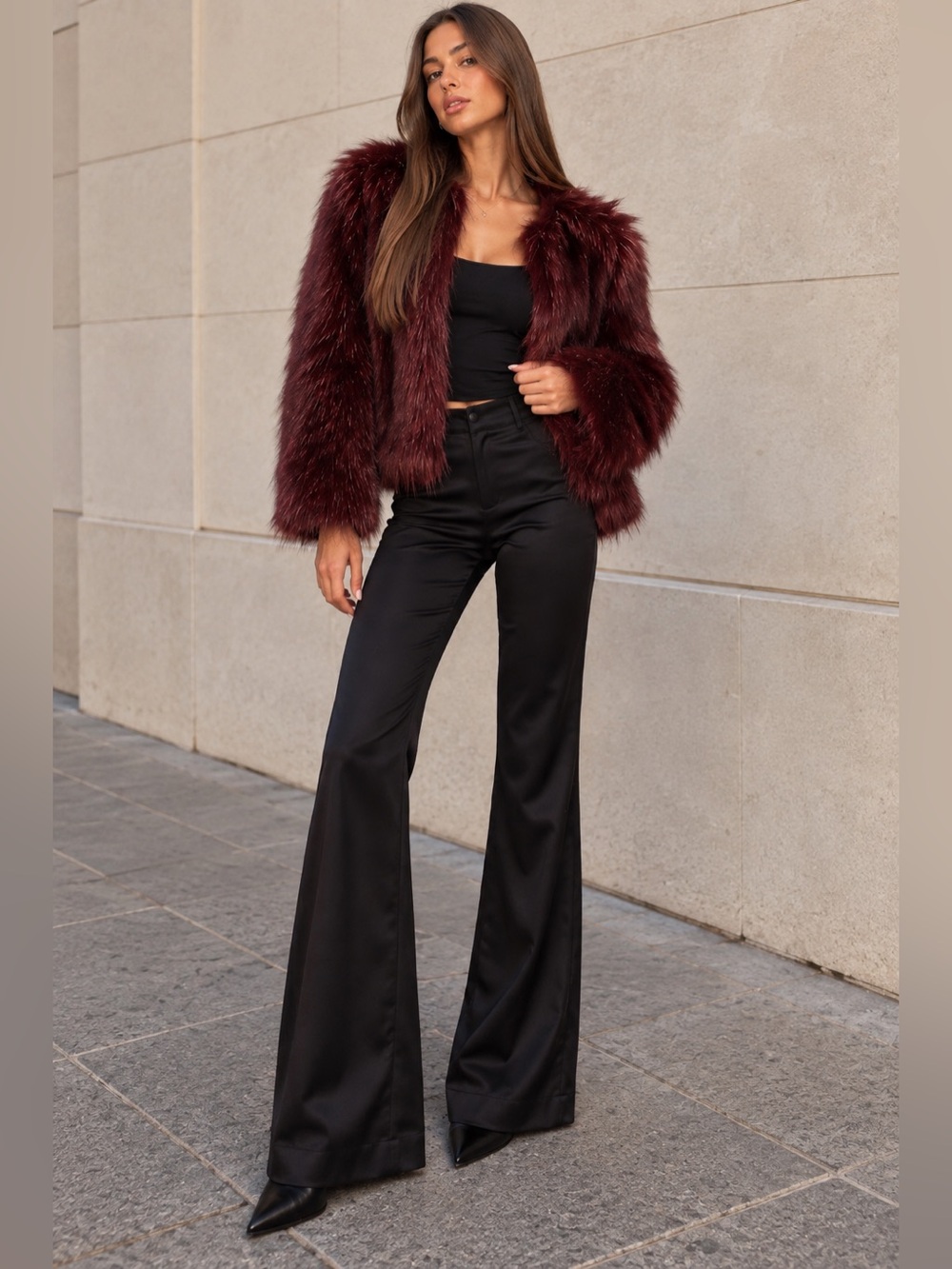Stradivarius Burgundy Faux Fur Statement Jacket Size S